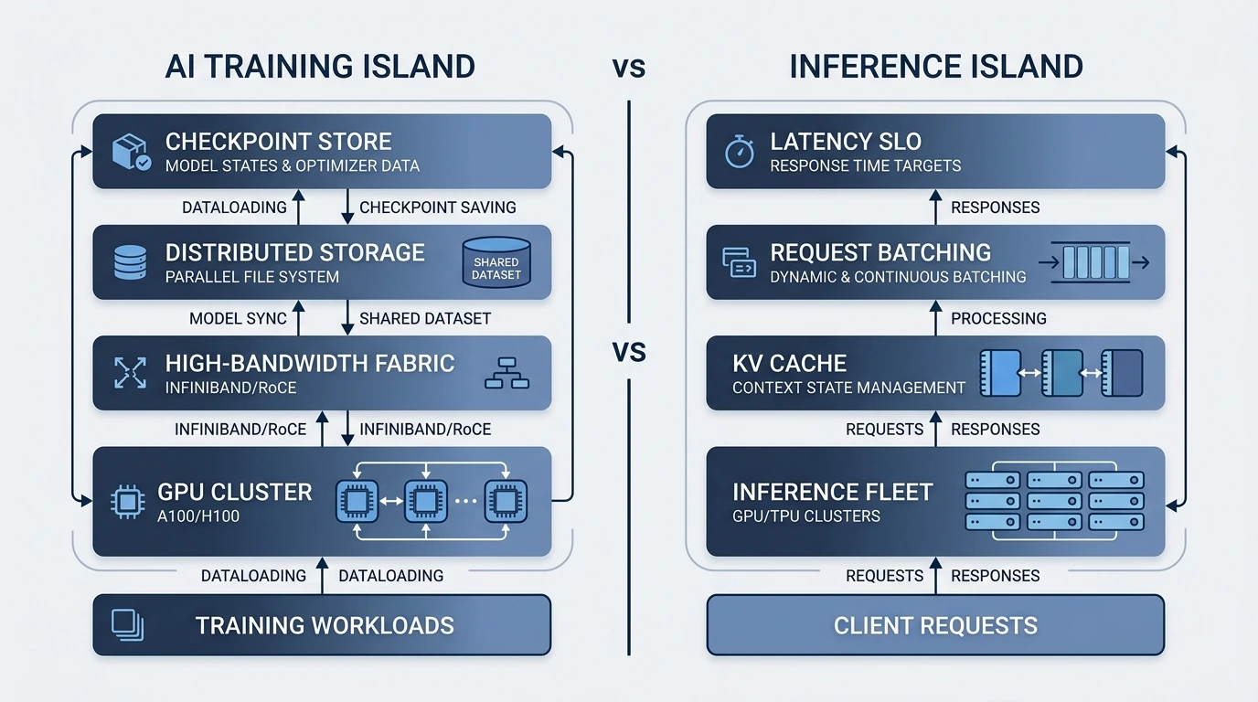 AI infrastructure stack comparing training and inference islands, including compute fabric, storage, and serving differences