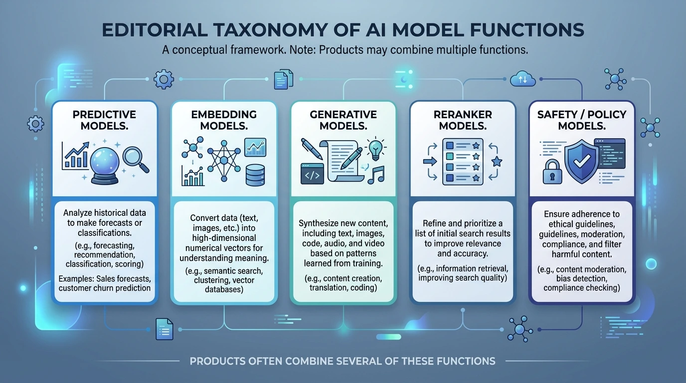 Taxonomy of AI models organized by function such as classification, generation, embedding, and perception across modalities