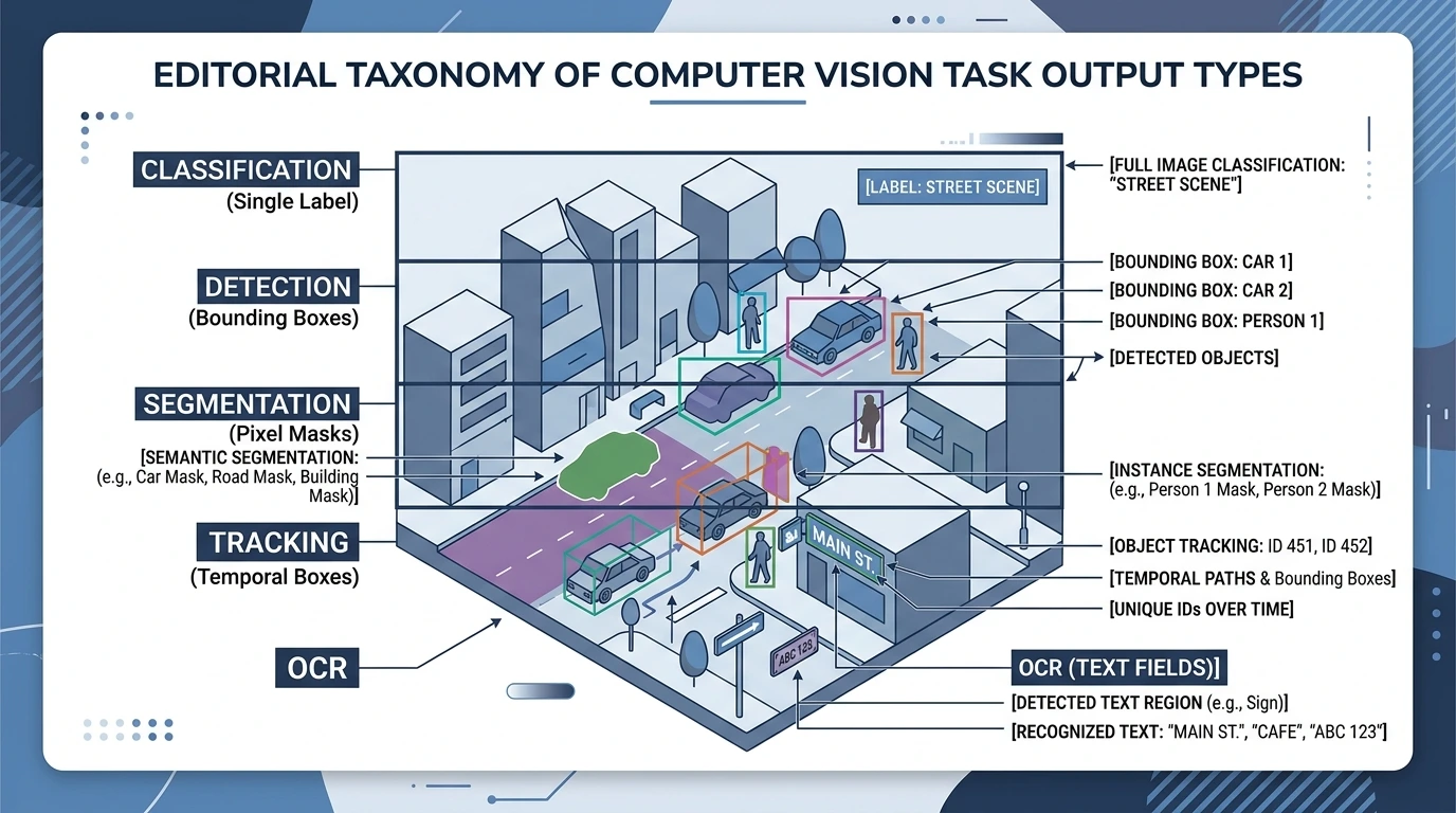 Computer vision task families showing classification labels, detection boxes, segmentation masks, tracking, and OCR field outputs
