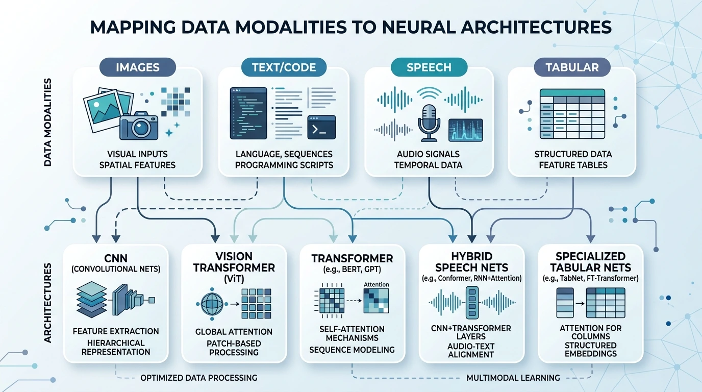 Taxonomy mapping images, text, speech, and tabular data to deep learning architecture families with tabular caution