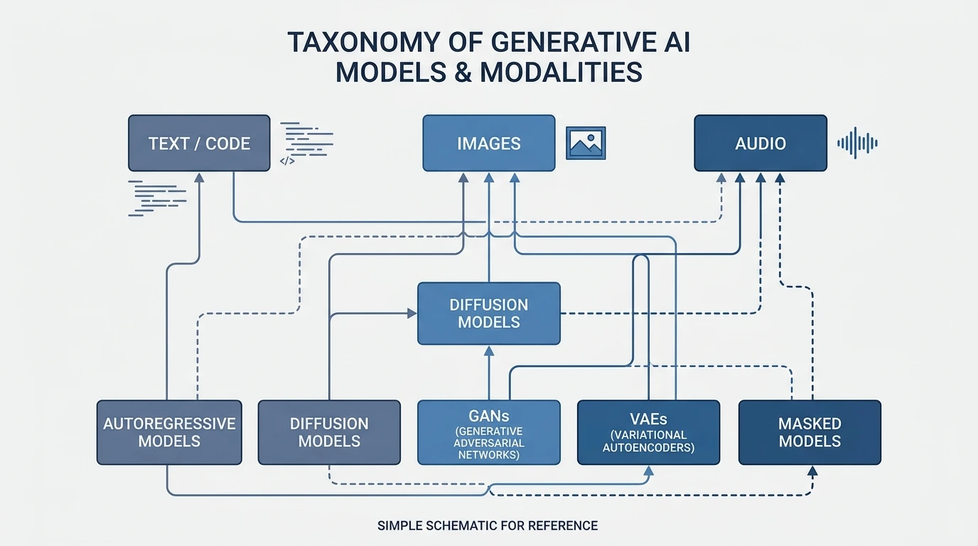 Map of generative paradigms across text, image, and audio modalities