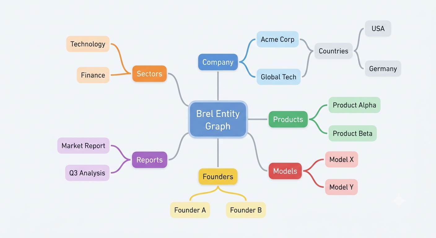 Network diagram of the Brel entity graph linking companies, products, models, founders, reports, sectors, and countries