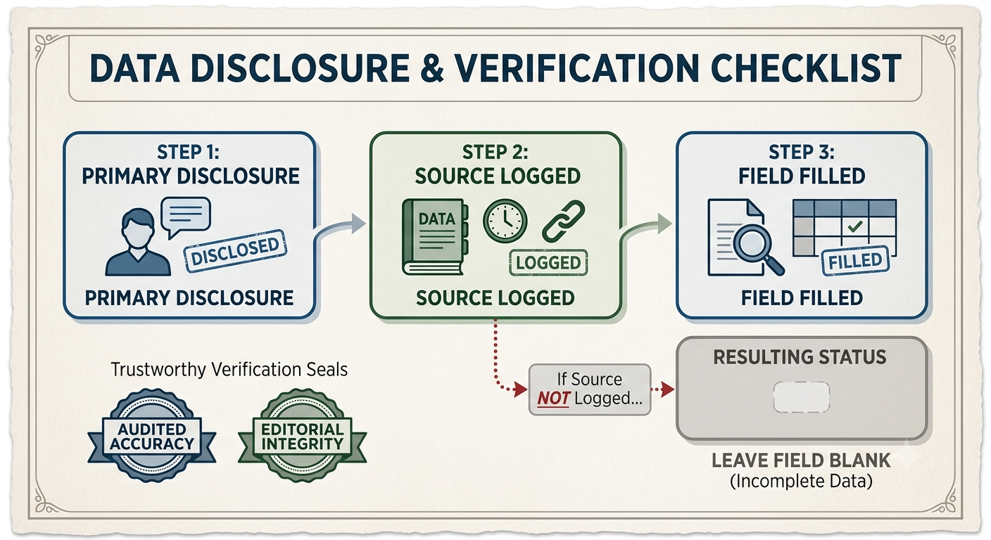 Illustration of funding evidence hygiene: primary disclosure, source logged, field filled or left blank
