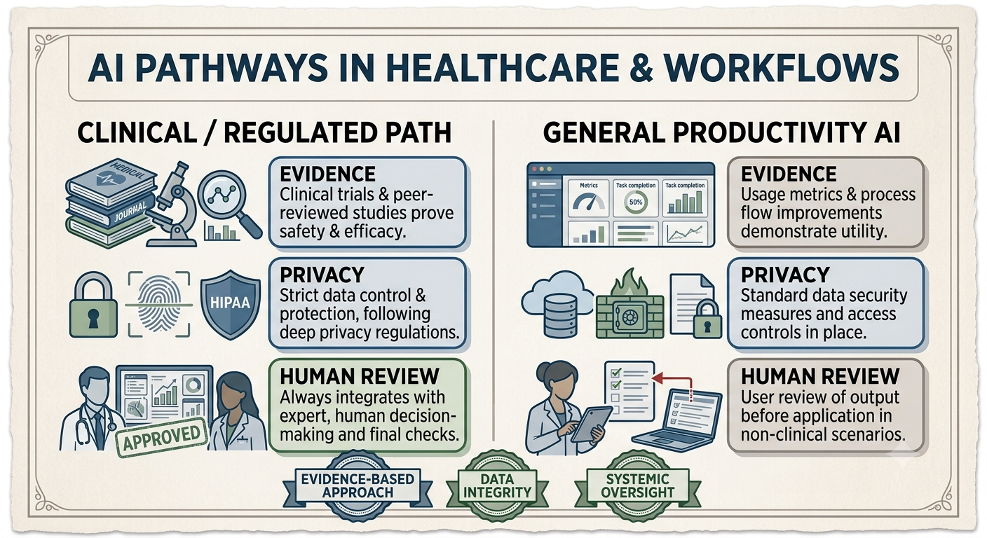 Infographic comparing clinical or regulated healthcare AI evidence path versus general productivity AI