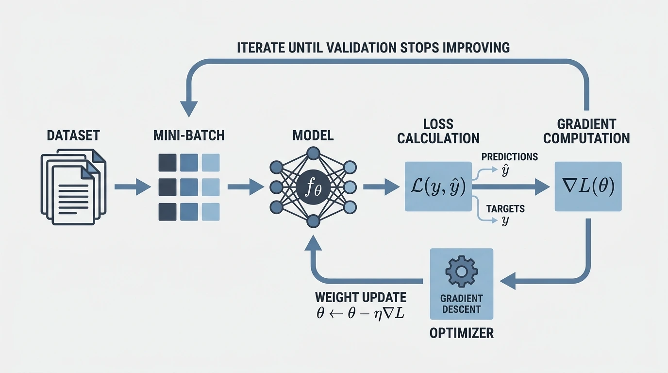 Machine learning training loop: mini-batch, model, loss, gradients, optimizer weight update