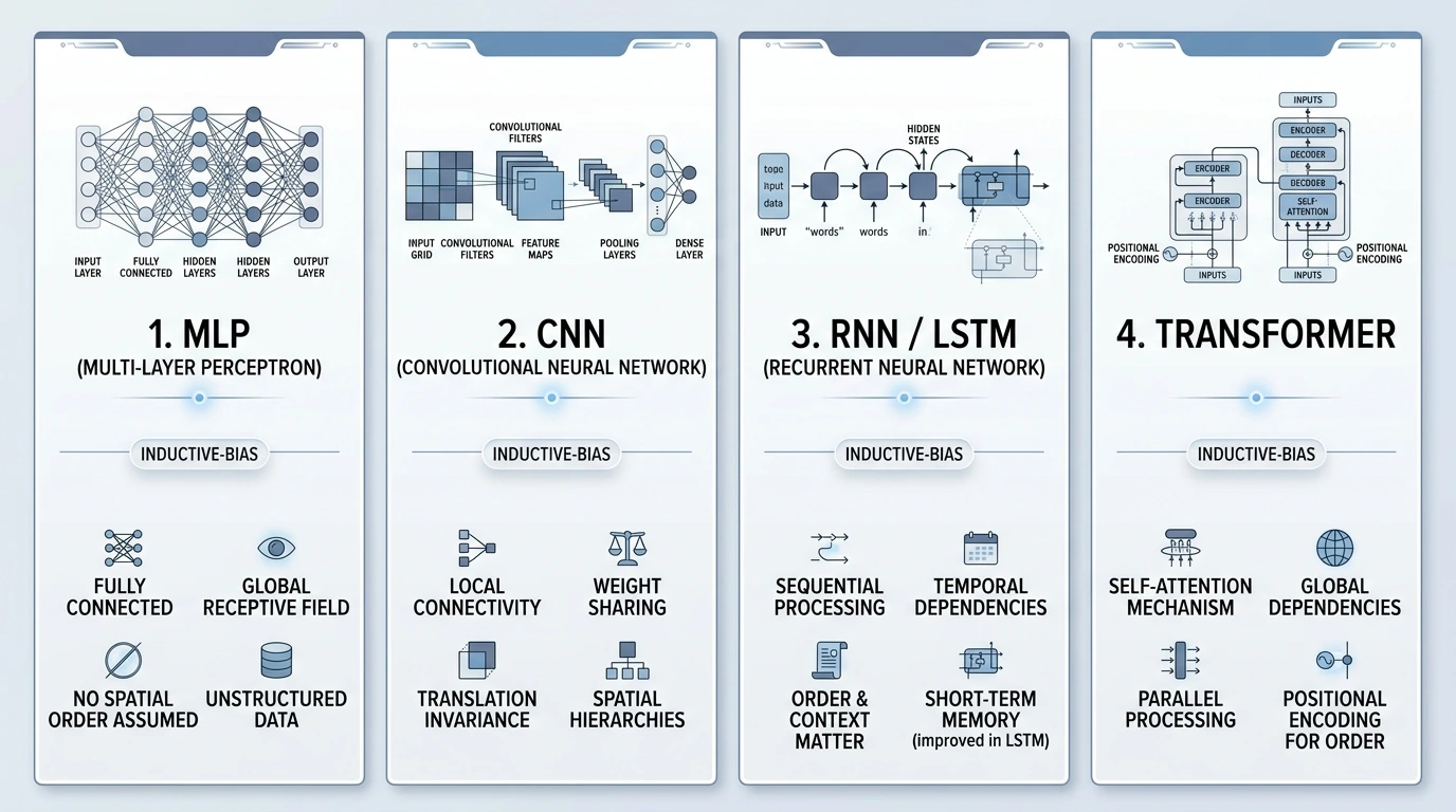 Comparison of MLP, CNN, RNN/LSTM, and Transformer inductive biases