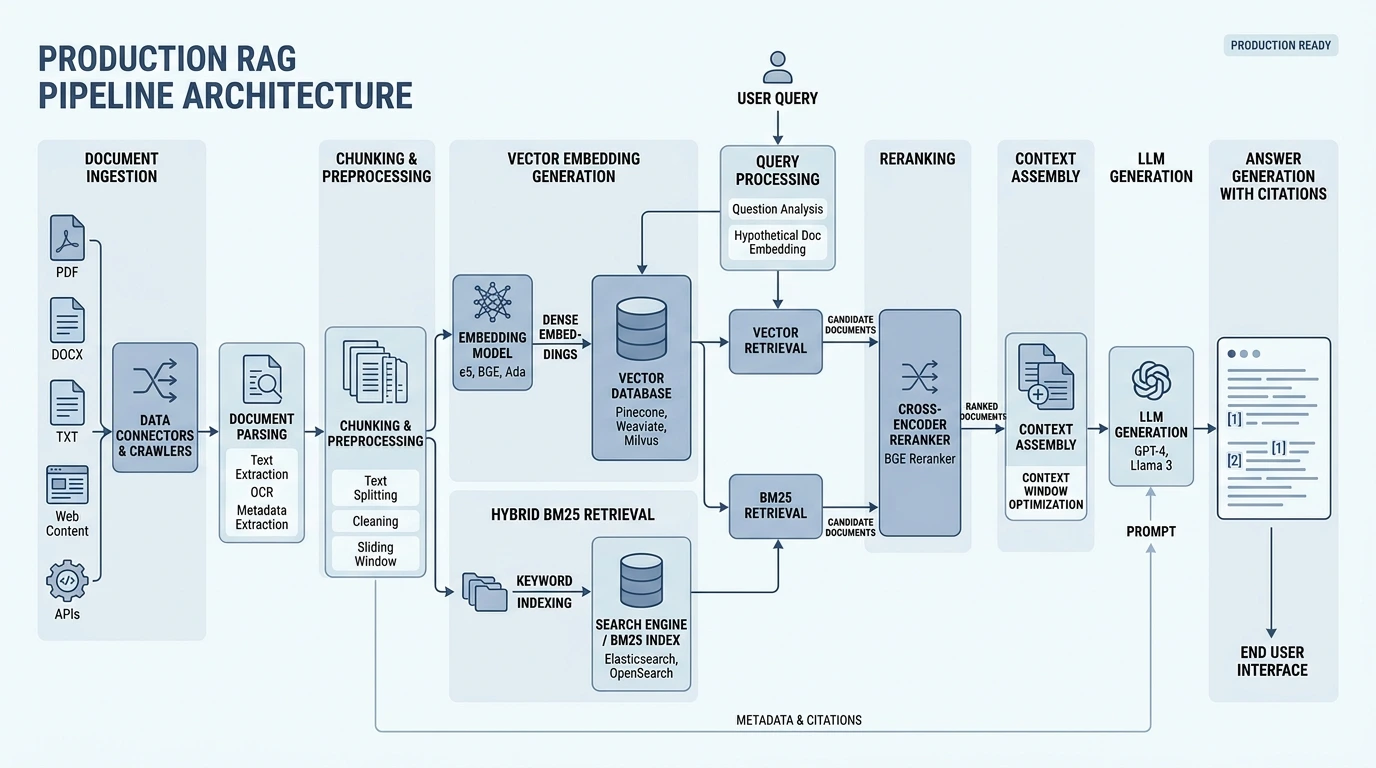 Production RAG pipeline from ingestion through hybrid retrieval, rerank, and cited generation
